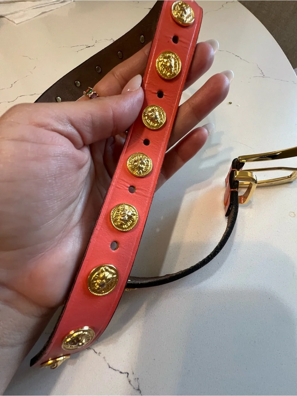 The Limited Belt Gold Lion Medallion Coral Leather Studded Belt Small S preloved